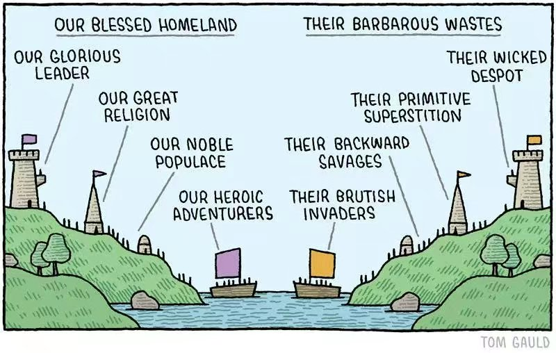 Humorous Cartoon by Tom Gauld Depicting Human Tribalism and Hypocrisy
